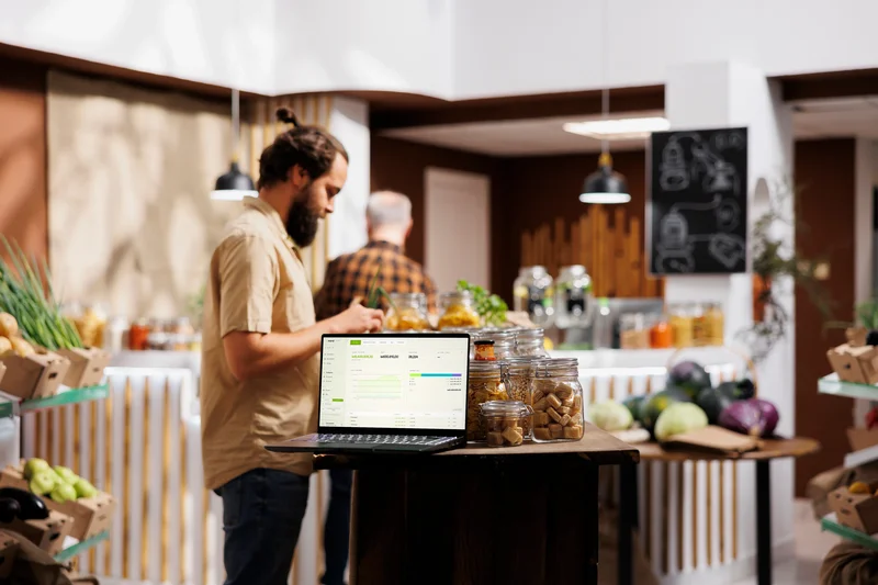 Retail store manager reviewing marql dashboard on tablet in boutique store