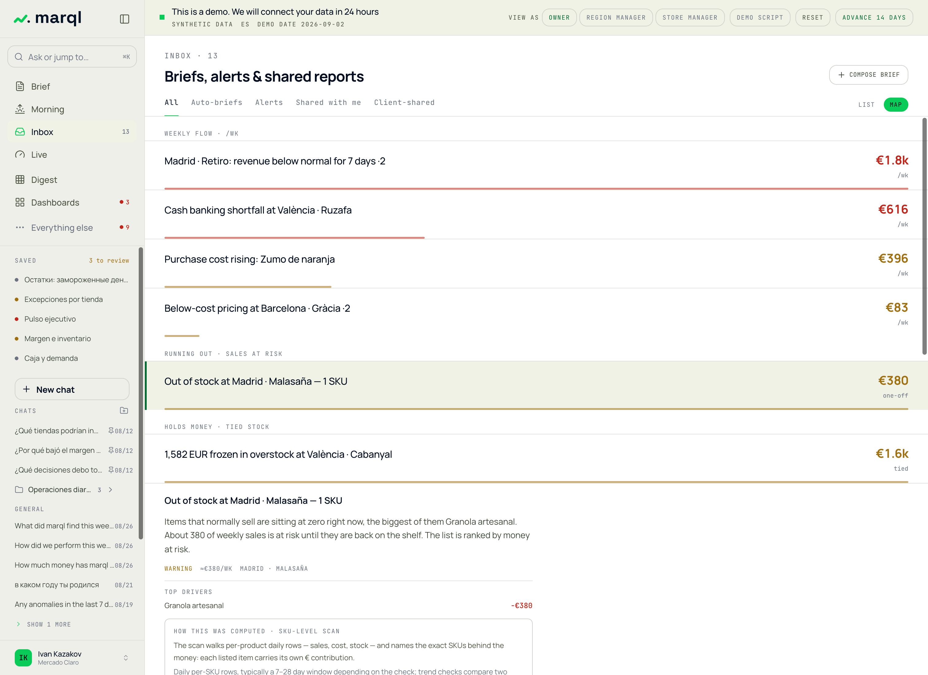 marql stock-out incident detail with the SKU, the store and the weekly sales at risk