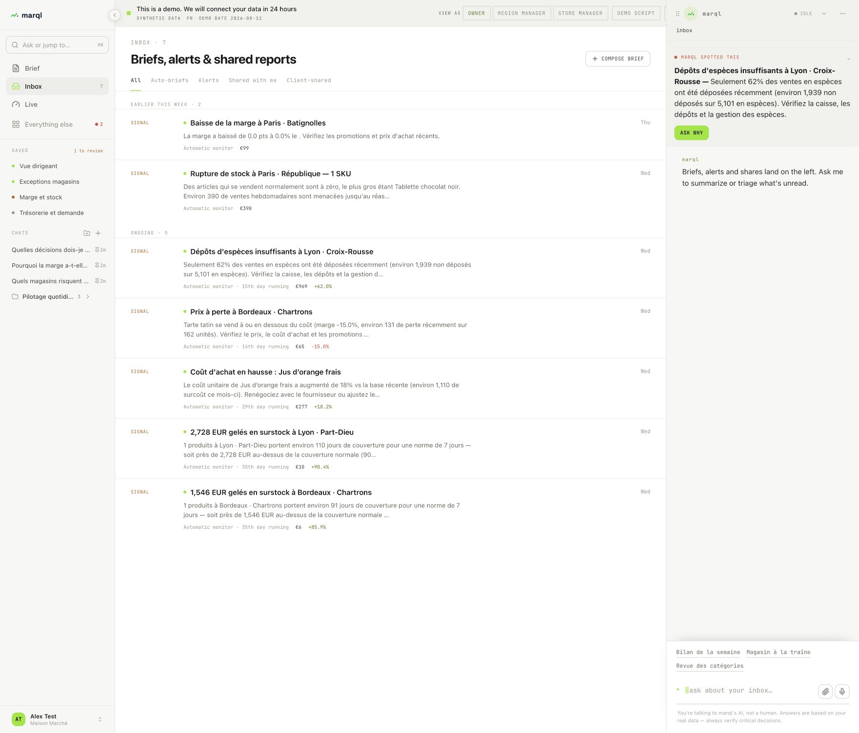 marql Inbox with excess stock signals worth €2,728 and €1,546